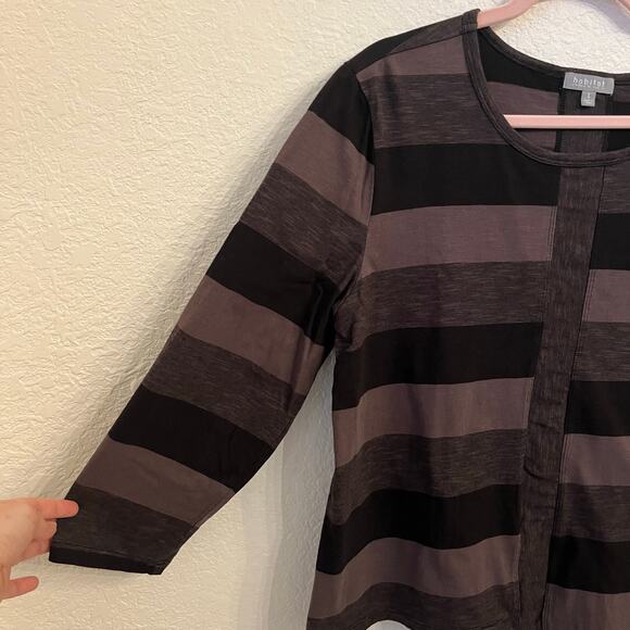Habitat Top Large Black Gray Stripe Asymmetric Stairstep Hem Artsy Casual Flowy - Picture 2 of 10